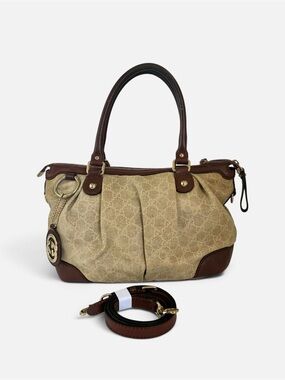 Gucci Beige Monogram Canvas Crossbody Bag with Brown Leather Trim